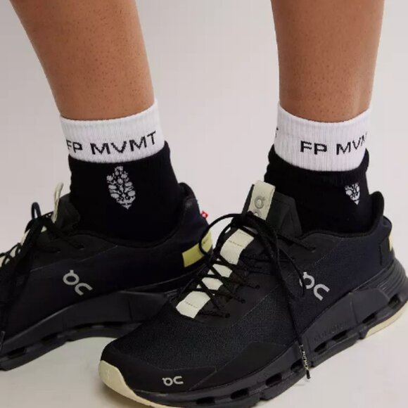 Free People Movement Quarter Crew Court Socks Black with White Buti Logo NWT - Picture 2 of 3